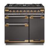 Rangemaster ELS90DFFSL/AB Elise Luxe 90 Dual Fuel Range Cooker - Slate with Antique Brass Trim