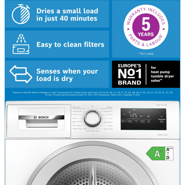 Bosch WTH85226GB Tumble Dryer - Heat Pump Condenser - 8kg - White