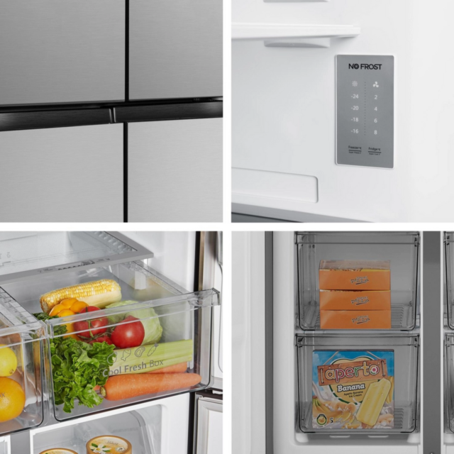 Fridgemaster MQ79395ES 4-Door American Fridge Freezer, Silver, 79.4Cm Wide, Frost Free Freezer
