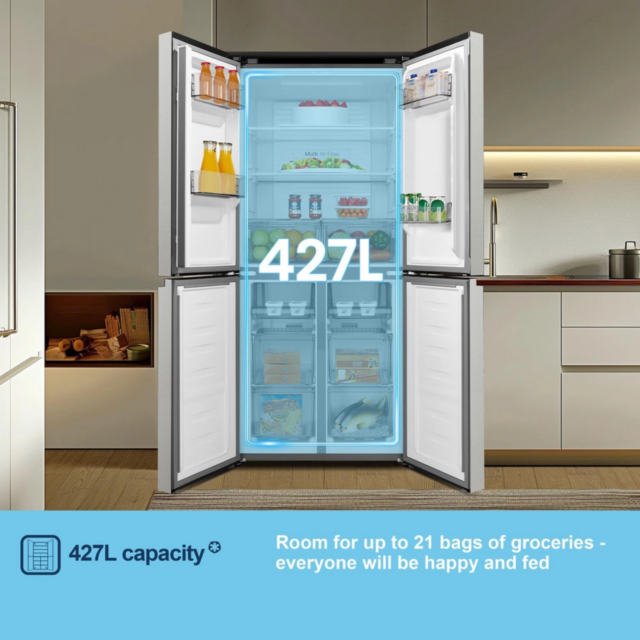 Fridgemaster MQ79395ES 4-Door American Fridge Freezer, Silver, 79.4Cm Wide, Frost Free Freezer