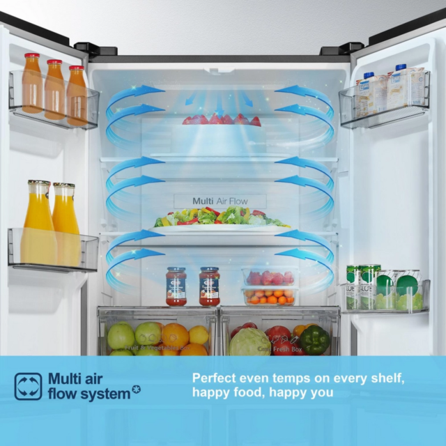 Fridgemaster MQ79395ES 4-Door American Fridge Freezer, Silver, 79.4Cm Wide, Frost Free Freezer