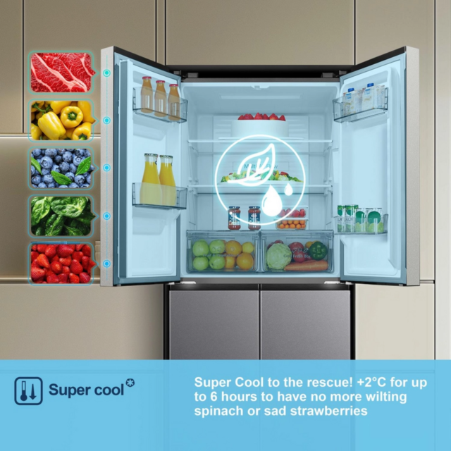 Fridgemaster MQ79395ES 4-Door American Fridge Freezer, Silver, 79.4Cm Wide, Frost Free Freezer