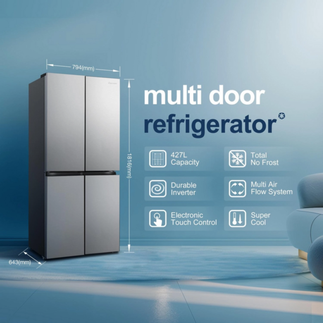Fridgemaster MQ79395ES 4-Door American Fridge Freezer, Silver, 79.4Cm Wide, Frost Free Freezer
