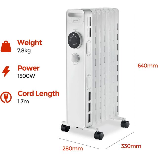 Igenix IG2615 Oil Filled Heater 1.5Kw - White