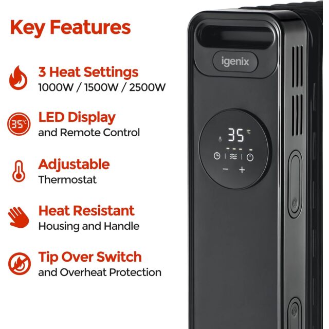 Igenix IG2621BL Digital Oil Filled Heater 2Kw - Black