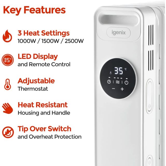 Igenix IG2626 Digital Oil Filled Heater 2.5kW - White