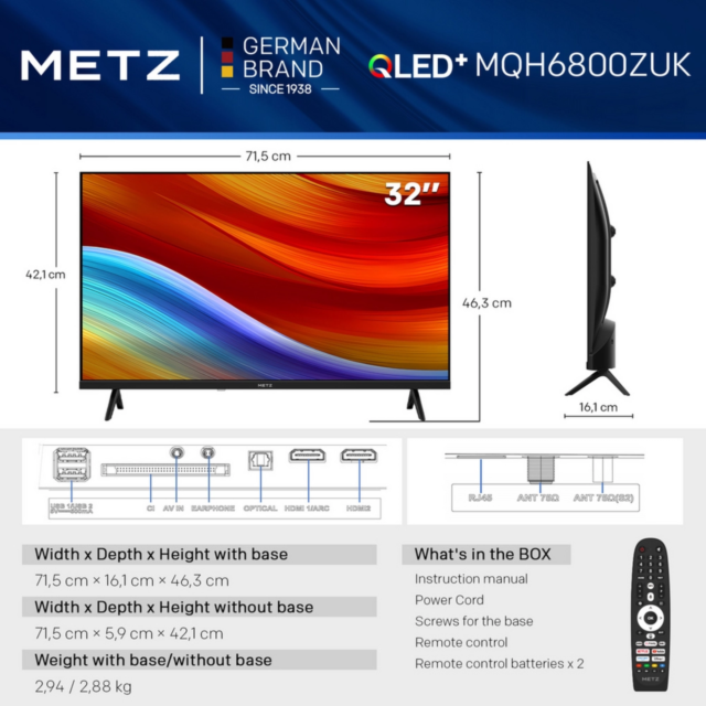 Metz 32MQH6800ZUK 32inch Metz HD Smart QLED TV with Freely Power by Tivo - Black