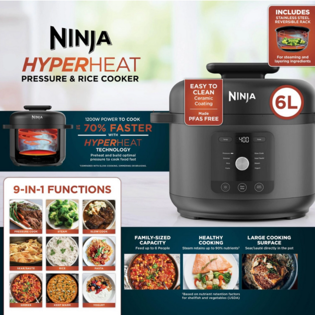 Ninja PC201UK HyperHeat 9-in-1 Pressure + Rice Cooker - Grey/Black