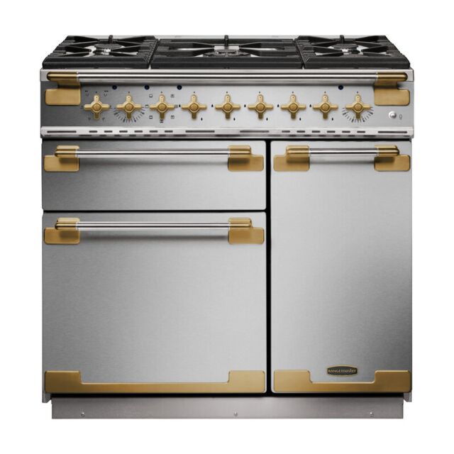 Rangemaster ELS90DFFSS/AB Elise Luxe 90 Dual Fuel Range Cooker - Stainless with Antique Brass Trim
