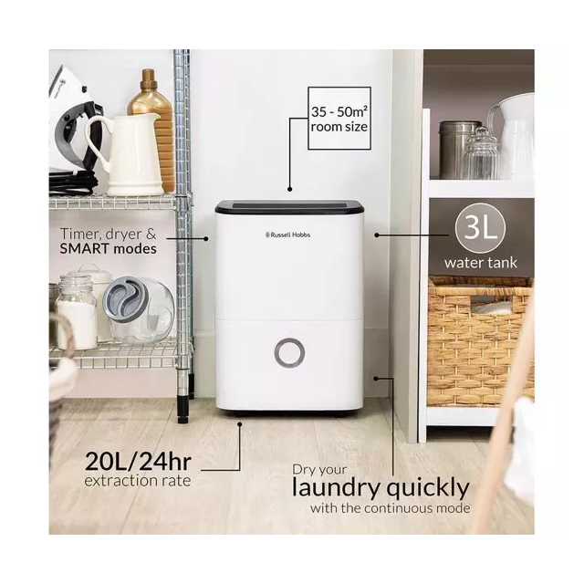 Russell Hobbs RHDH2002 20L Dehumidifier - White & Black