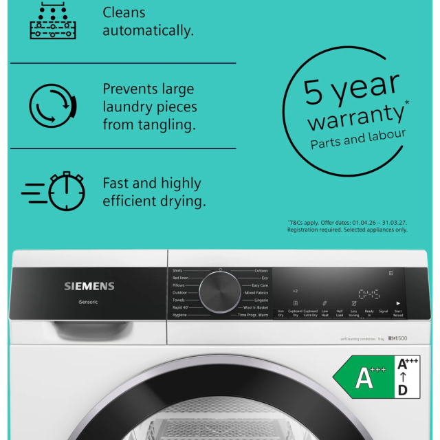 Siemens WQ45G203GB Iq500 Tumble Dryer, 9Kg,Heat Pump Dryer, White