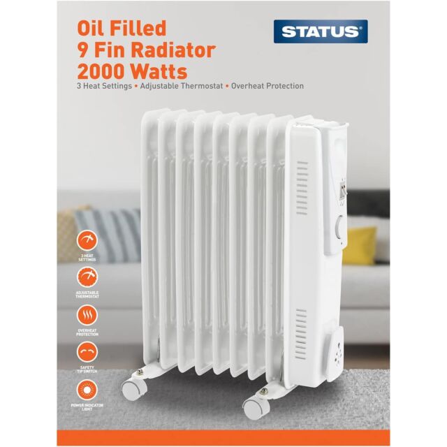 Status International OFH9-2000WT1PKB Oil Filled Heater 2Kw with timer - White